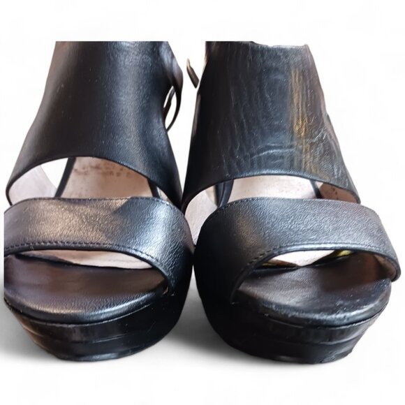 Michael Kors Carla Black Leather Platform Open Toe Cone Heels - Picture 7 of 16